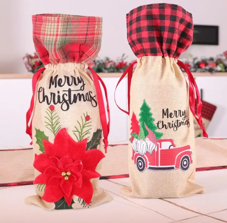 

Christmas Plaid Wine Bottle Cover Floral Car Printted Wines Bag Xmas Champagne Bottles Covers Christmases Decoration SN3761