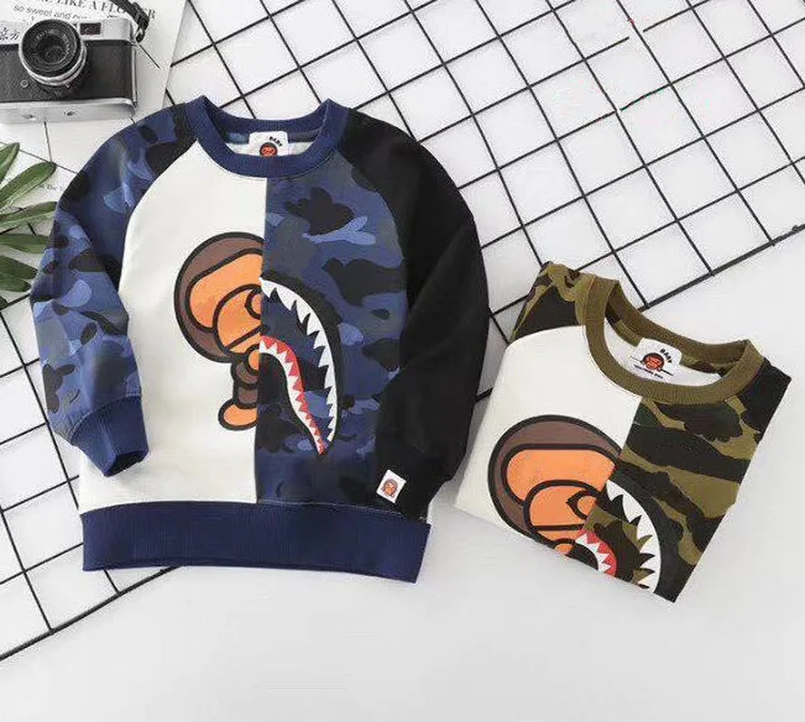 

New Kids Boy Girls Cartoon Camo Shark Green Blue Little Monkey Pattern Printed Hoodie Tops Sweatershirt Casual Hoodies