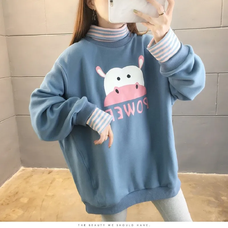 

Autumn And Winter New Warm And Thickened Loose Large Fake Two Piece Striped High Neck Sportswear For Women