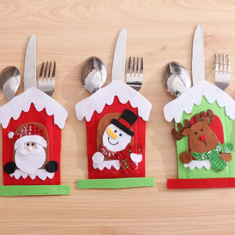 

Santa Snowman Elk Christmas New Year Pocket Fork Knife Cutlery Holder Bag Home Party Table Dinner Decoration Tableware