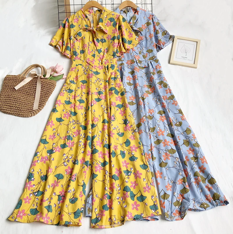 

Summer Holiday Sweet Style Floral Print Jumpsuits Romper Women Elegant Bow Tie High Waist Jumpsuit Loose Wide Leg Playsuits 2021