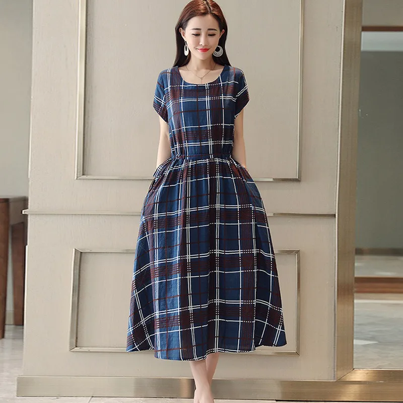 

2020 Vintage A-Line Plaid Woman's Mid-Calf Sleeveless O-Neck Short Summer The Dresses Women Dress