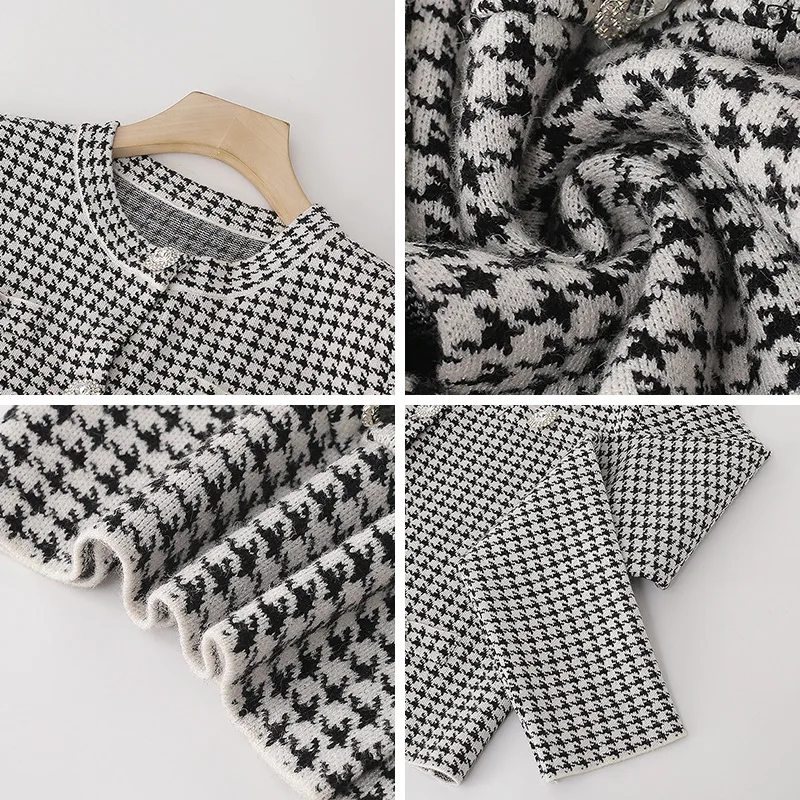 

Long Sleeve Houndstooth O-neck Short Knitted Jacket Women Tops Spring Autumn Casual Cardigan Sweaters T93004
