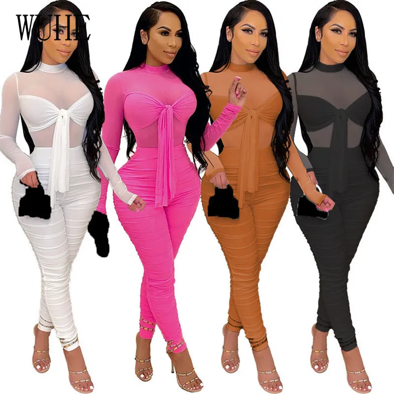 

WUHE высокая эластичная Сетка комбинезоны прозрачная повязки на шнуровке с длинными рукавами и круглым вырезом посылка хип Повседневное ули...