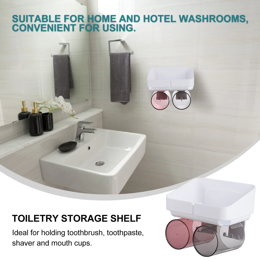 

1 Set Washroom Storage Support Wall-mounted Storage Holder with Two Cups