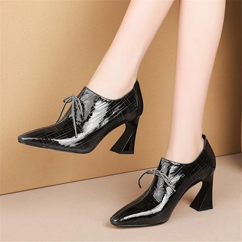 PXELENA Design Brand Women Genuine Leather Strange High Heels Shoes 2020 Spring Bowknot Dress Office Lady Pumps Plus Size 34-43 | Обувь