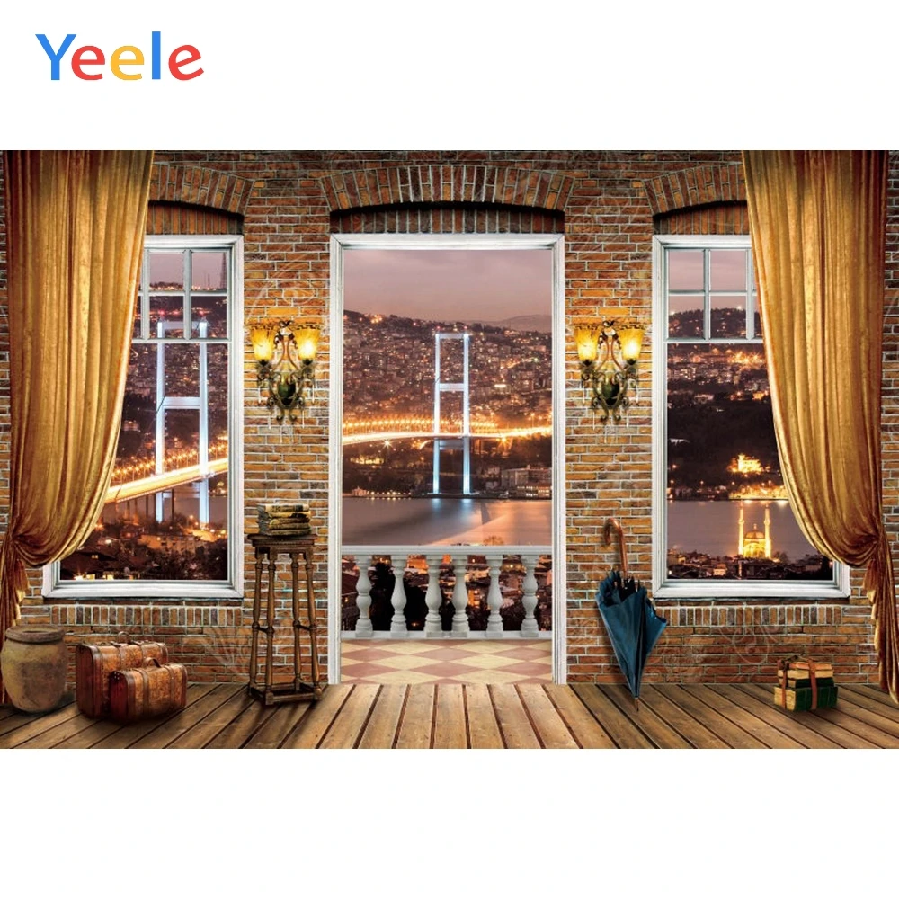 

Виниловый фон для фотосъемки с изображением окна ночного города, комнаты внутренняя занавеска, винтажный, кирпичная стена, дерево
