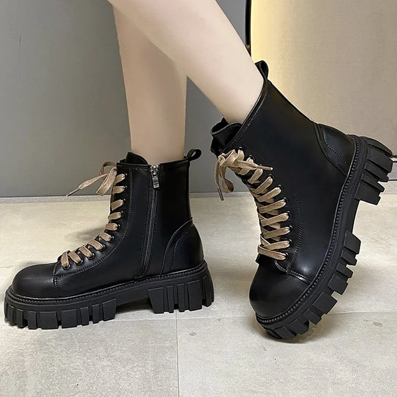

Women's Martin Motorcycle Ankle Boots 2022 Winter Lace Up Platform Pu Leather Square Heel Mid Heel Fashion Women's Casual Boots