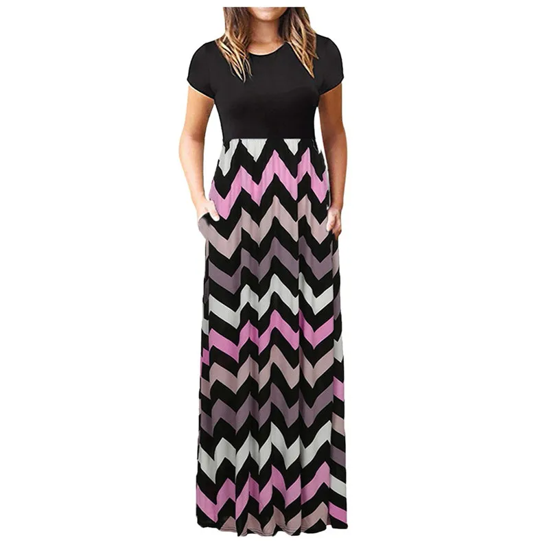 

robe longue short sleeve stripe floral print long dress Summer casual shift maxi dress for women 2021 high waist women dress