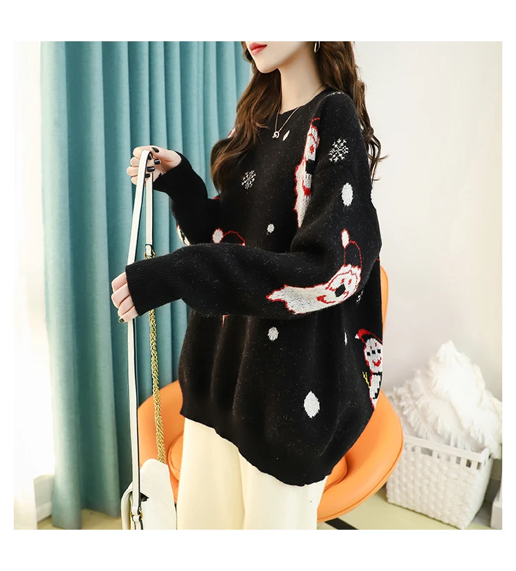 Женский Рождественский свитер H.SA красный свободный с рисунком снежного человека