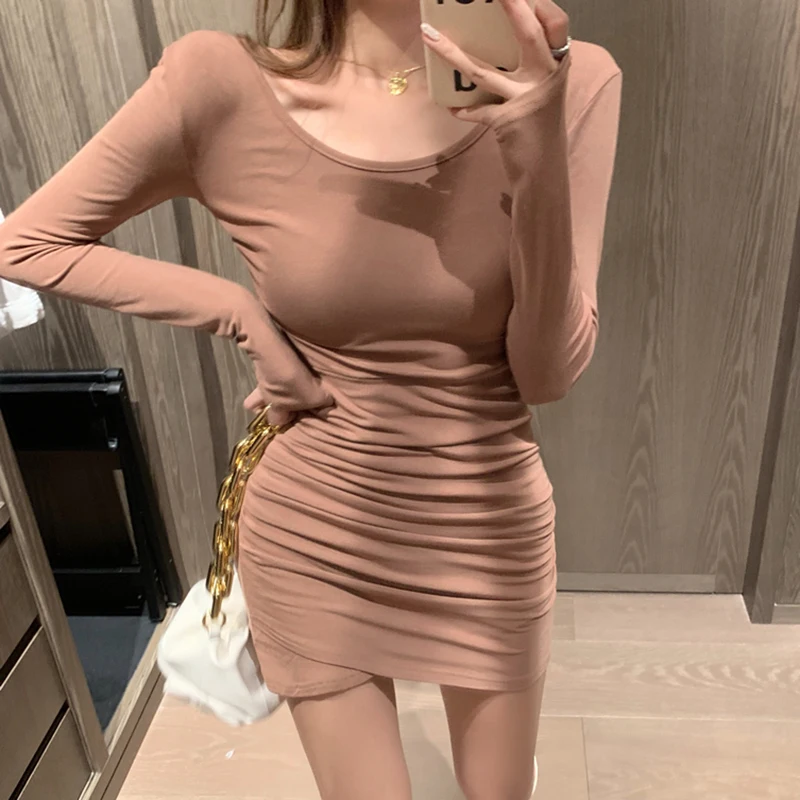 

2021 Pleated Stretch Long Sleeve Women Bodycon Party Dresses Slim Spring Fashion Sexy Skinny Clubwear Mini Dress Solid Hot
