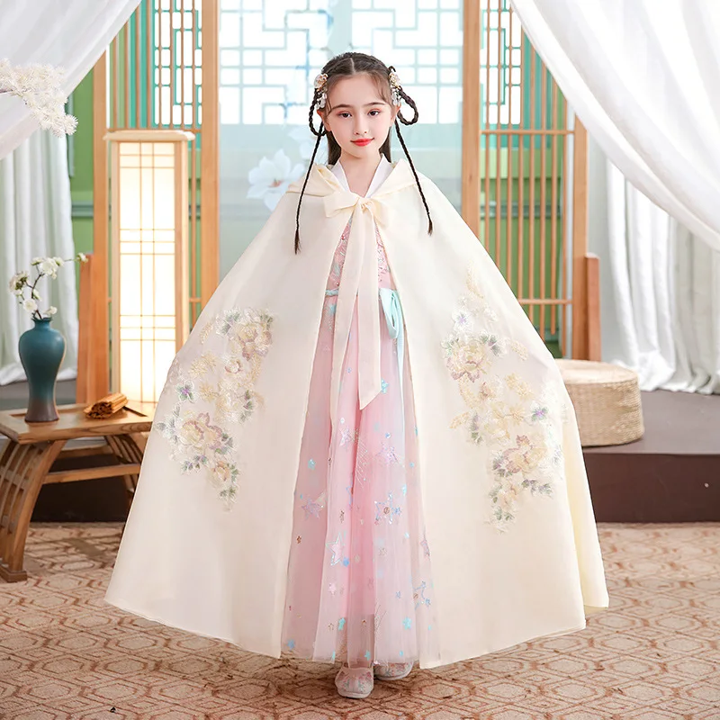 

2021 Girl's Cape Hanfu Autumn Thin Embroidery Long Cloak Chinese Children Ancient Style Mantle Kids New Year's Wear Cosplay New