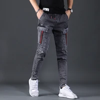 summer cargo pants stretch jeans mens fashion slim fit elastic waist korean style casual dark gray denim trousers