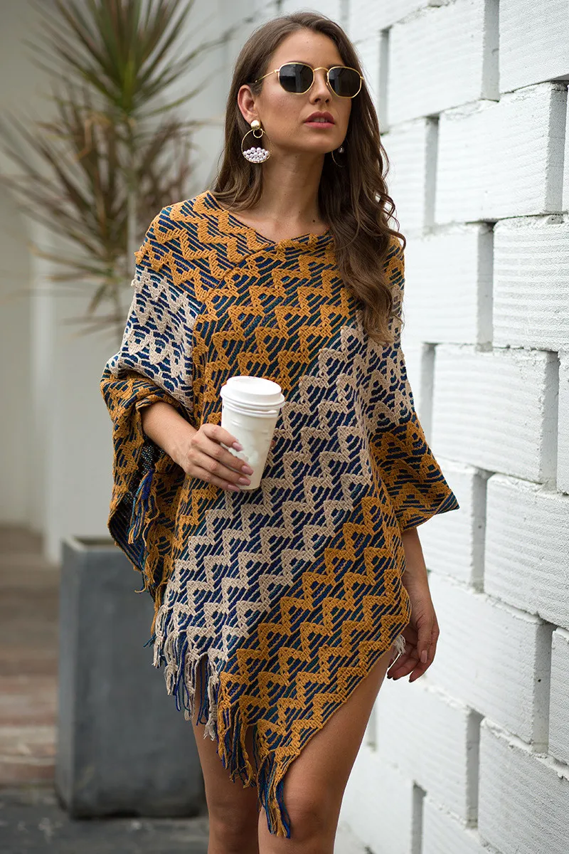 

Striped Knitted Capes Fashion V-neck Long Sleeve Color Block Sweater Pullovers Irregular Hem Tassel Autumn Winter Shawl