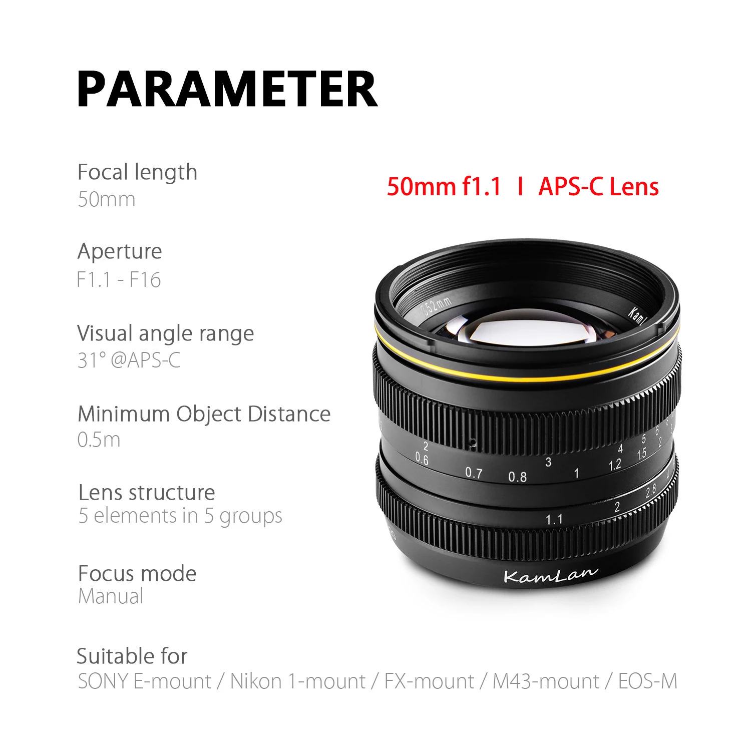 Объектив Kamlan 50 мм F1.1 APS C Macro SLR для камеры HD Большая диафрагма Canon EOS M Sony E Fujifilm M43