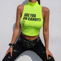 2021ins super fire fluorescent color letter printing small vest womens fashion spring and summer new slim short sports top