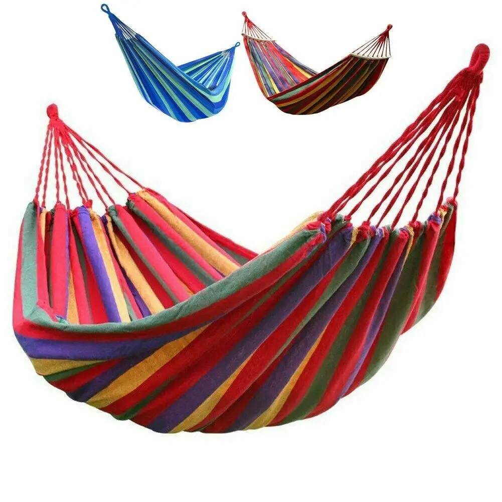 

Портативный садовый гамак, на 2 человек, подвесная кровать из холщовой ткани в полоску, кровать для кемпинга, качели, спальное снаряжение