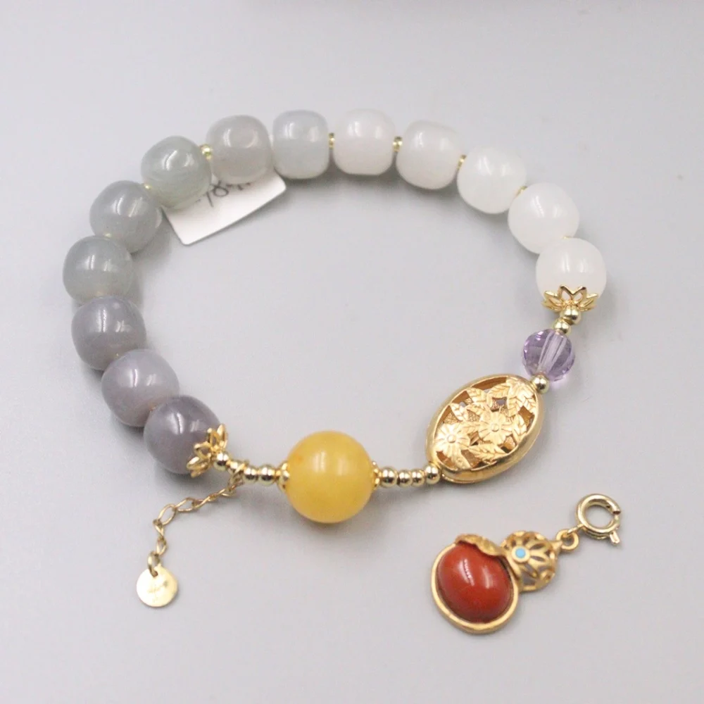 

Pure 925 Sterling Silver Bangle Natural Hetian Jade Nephrite Red Agate Amber Gourd Pendant Multi-Gem Beaded Bracelet Women Gift