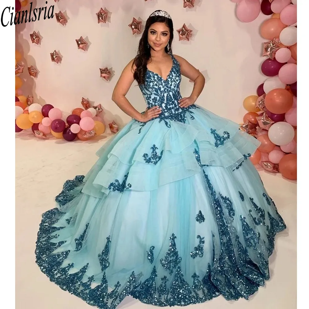 

V-Neck Quinceanera Dresses Tiered Ruffles Appliques Sequined Beading Princess Party Prom Sweet 15 Pageant Ball Gown Sleeveless