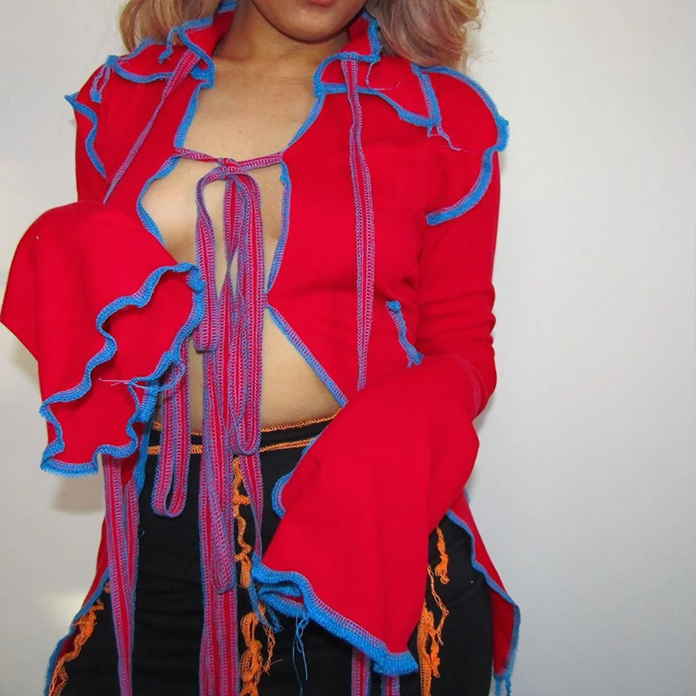 Пикантные лоскутные футболки на шнуровке с завязками спереди женские