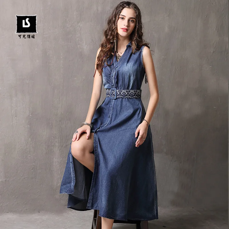 Платье женское джинсовое в стиле ретро с вышивкой и поясом A82093|Женские платья| |