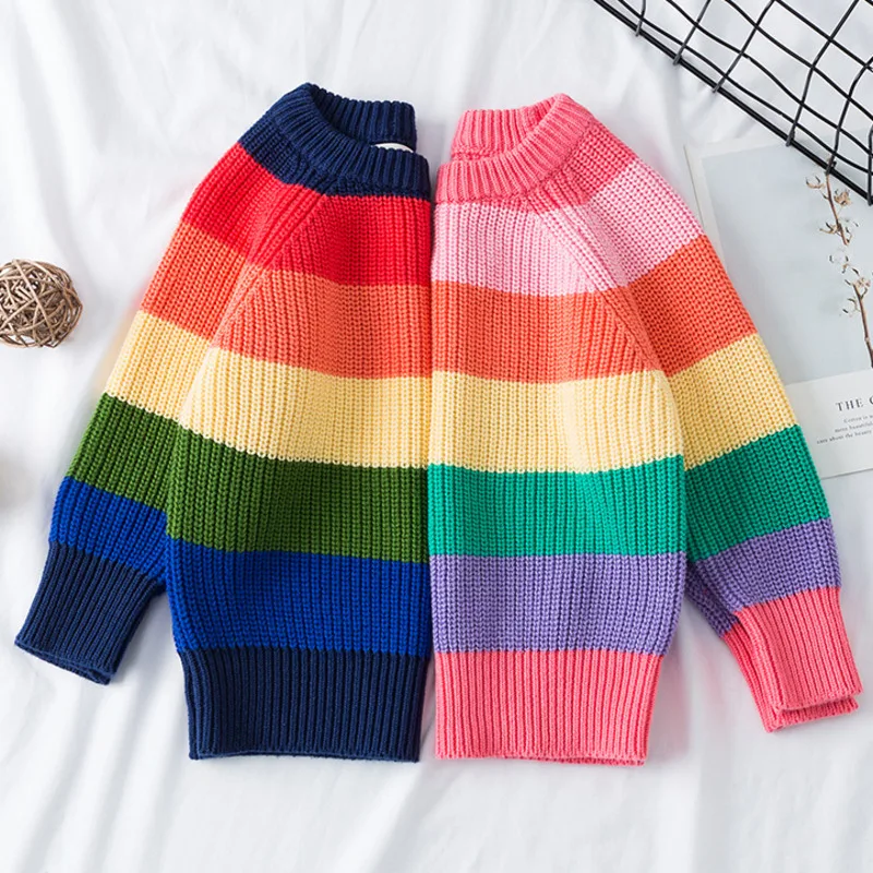 

Autumn Winter Children Rainbow Striped Sweater Kids Boys Girls Knitwear O-neck Pullovers Sweaters Bottoming Casual Clothing