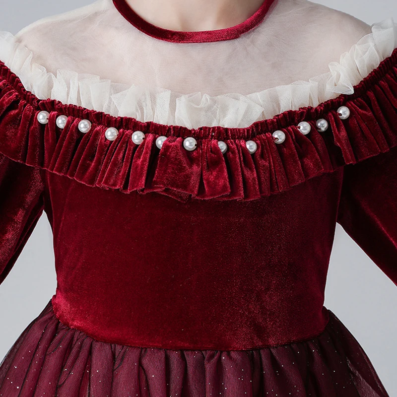 

Flower Girl Dresses Sequined Luxury Burgundy Pearls Tiered Tulle Ball Gown Knee-Length Lace O-Neck Kid Party Princess Skirt D339