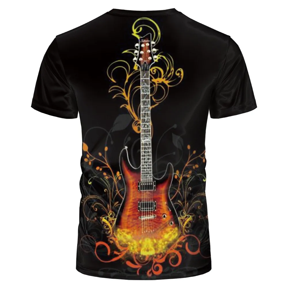 

New 3D flame guitar printed t-shirt men's fashion music T shirt casual punk animation clothing crew neck short sleeve T-shirt