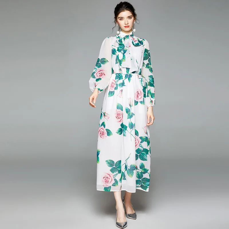 

New Autumn Chiffon Long Dress Runway Women Rose Flower Print White Long Sleeve Dress Fashion Sashes Holiday Maxi Vestidos