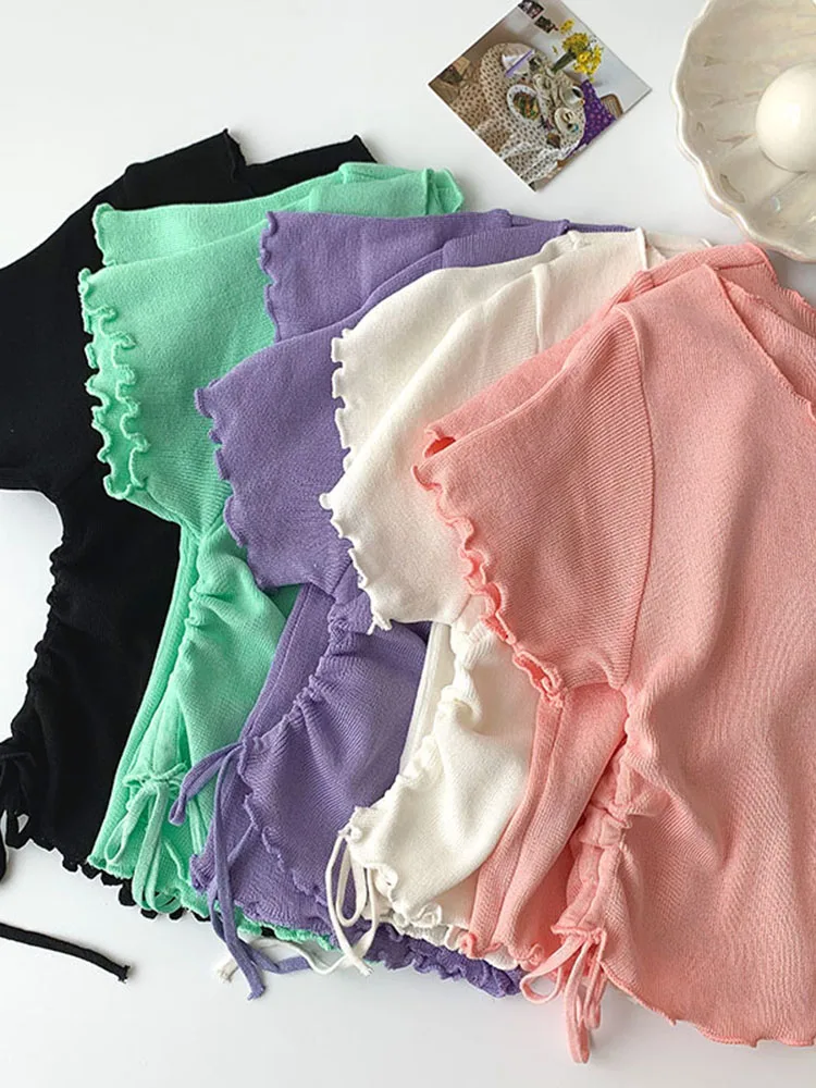 

Women Rib Knitted Tees V Neck Short Sleeve Lettuce Edge Pastel Color Crop Tops Side Ruched Drawstring Slim Fit Tops
