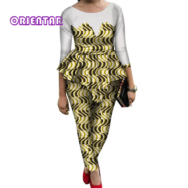 2 Pieces Sets Women African Pants Sets African Wax Print Long Sleeve Lace Tops and Pants Women Bazin Riche African Suits WY689