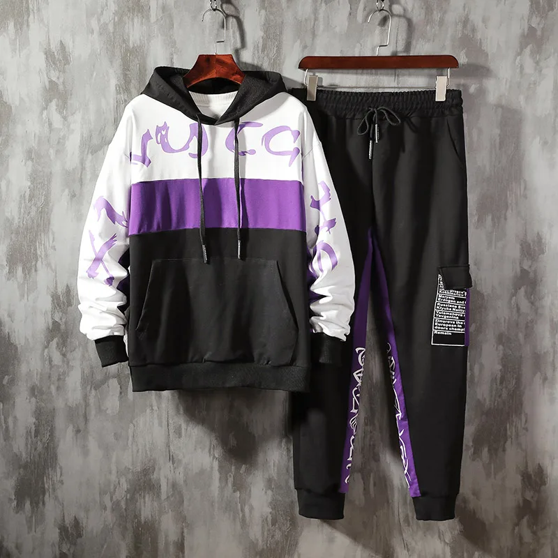 

Модный мужской комплект из двух предметов, уличная одежда, мужская спортивная одежда в стиле пэчворк, спортивный костюм в стиле хип-хоп, чер...