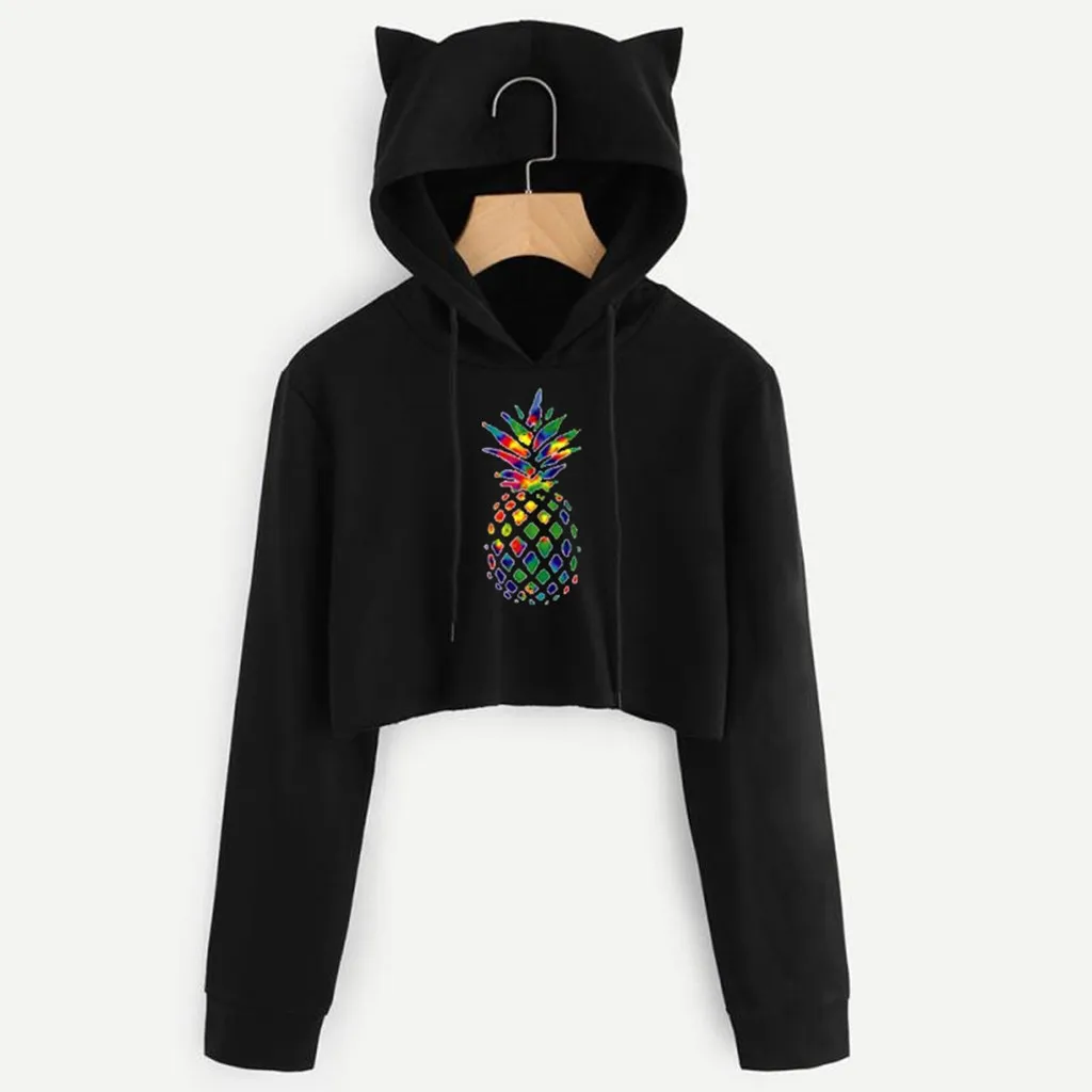

Womens Cat-Ear Funny Long Sleeve Hoodie Sweatshirt Hooded Pullover Tops Fruit Print Drawstring Sweatshirts Polerones Mujer#G