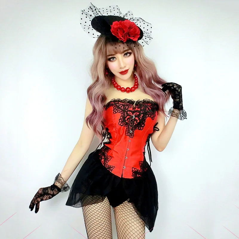 Женский костюм в стиле джаза красный кружевной корсет для танцев на сцене |
