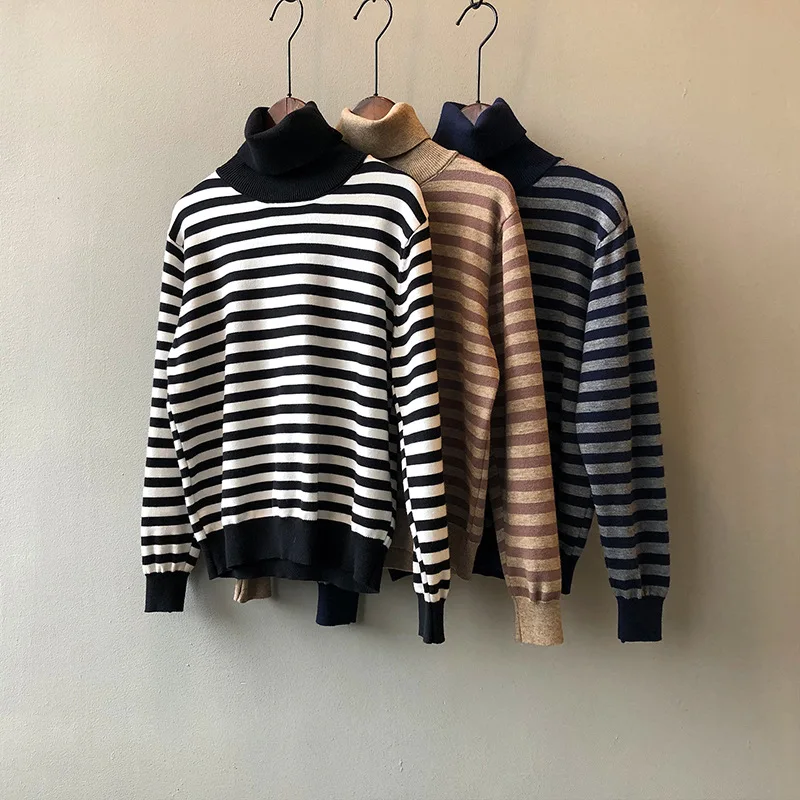 

Женский свитер в полоску, элегантный винтажный пуловер с длинным рукавом и воротником-хомутом в Корейском стиле, зима 2021