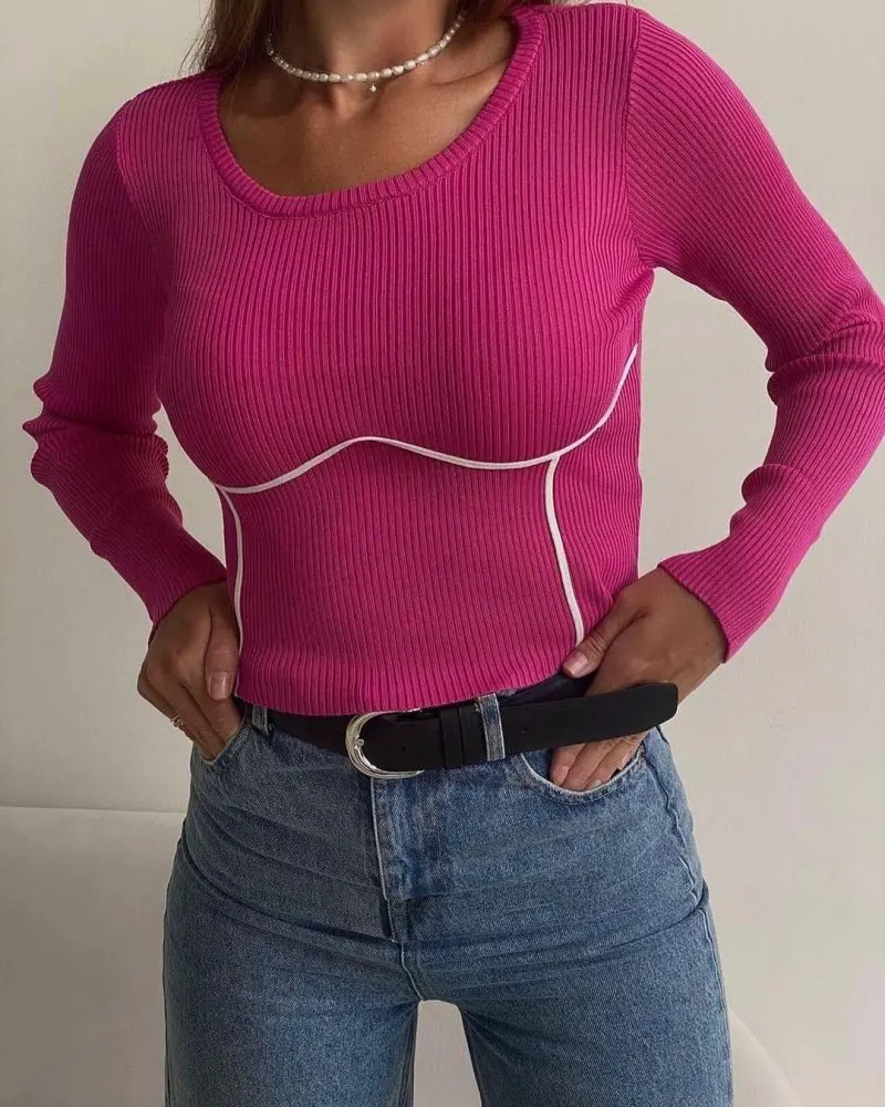 Свитер с длинным рукавом и круглым вырезом рубашки эластичные кроп-топы для