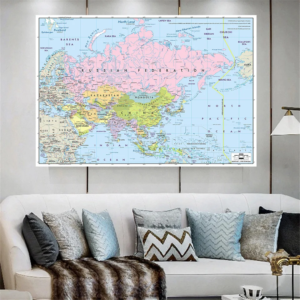 

150*100cm Political Map of The Asia with Details Non-woven Canvas Painting Wall Art Poster School Supplies Home Decor