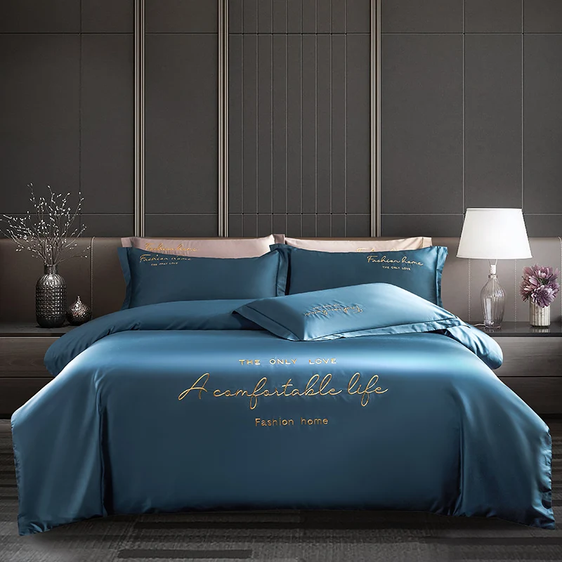 

7 Colors Nordic Simple Bedding Set 60S Egyptian Cotton Silky Double Size Fitted Sheet Family Set Pillowcase Duvet Cover 4PCS