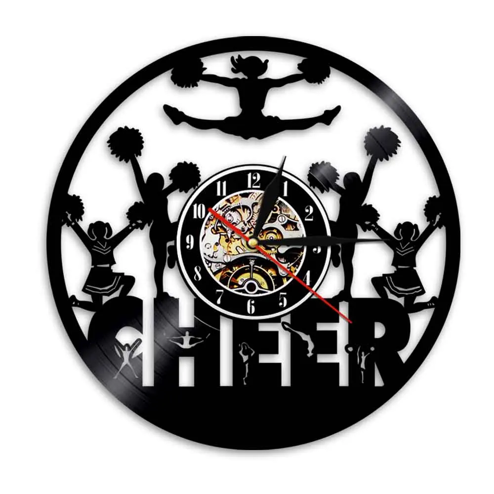 Cheerleaders Silhouette Wall Art Decor Handmade Craft Clock Make From Vinyl Record Wall Clock Cheer Squad Dance Clocks