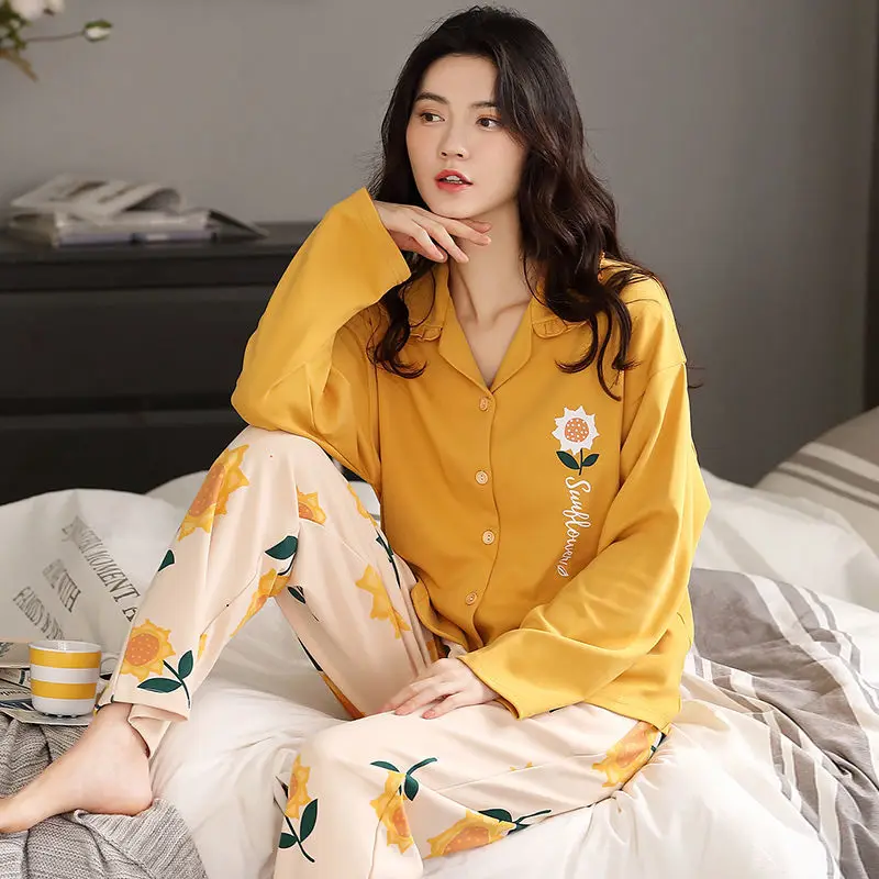 

2021 Spring Summer Cotton Women's Long Sleeve Sweet Cute Plus Size Urban Leisure Women's Suit Homewear Pajamas
