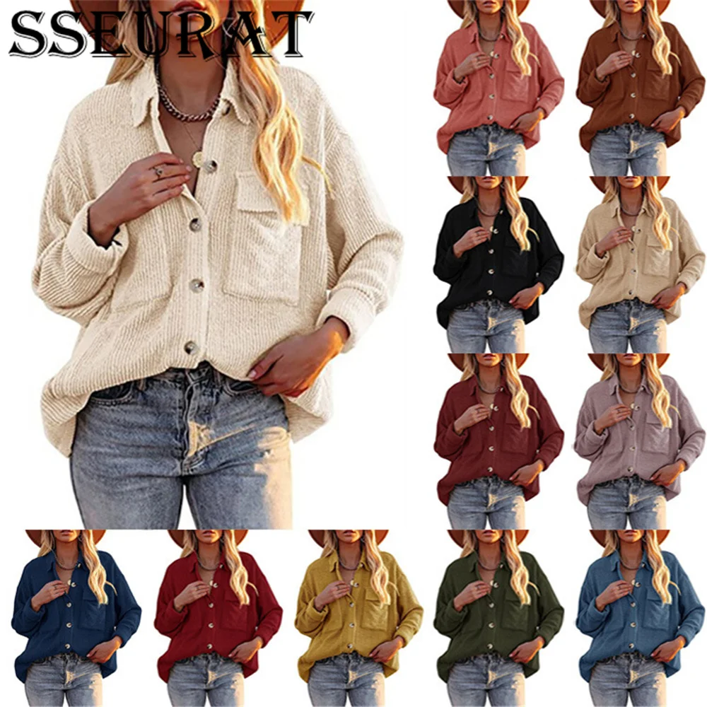 

Женская Вельветовая рубашка с длинным рукавом и отложным воротником