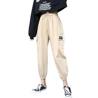 harajuku style elastic high waist pants unisex solid casual cargo big pocket pants