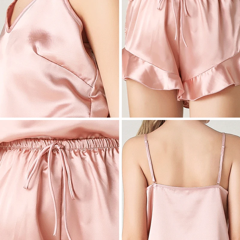 

V-Neck Sling Shorts Women Two-Piece Pajamas Sexy Sleeveless Loose Silk Camis Lace-Up Ruffle Shorts Female Homewear Sleepwear