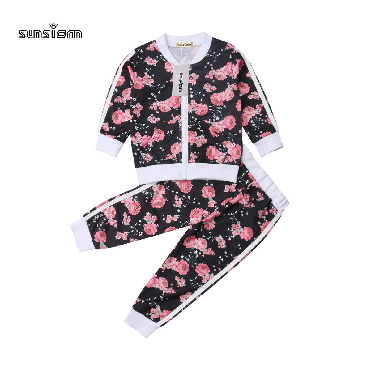 

Женский комплект одежды для маленьких девочек, Повседневная Толстовка с длинным рукавом и цветочным принтом, длинные штаны, наряды, осенний...