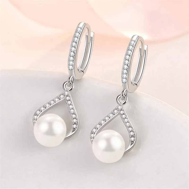 

Women Heart Pearl Drop-shaped Earring Jewelry Silver Plated Girl Zircon Shiny Long Earring New Korean Version Accessorie On Ear