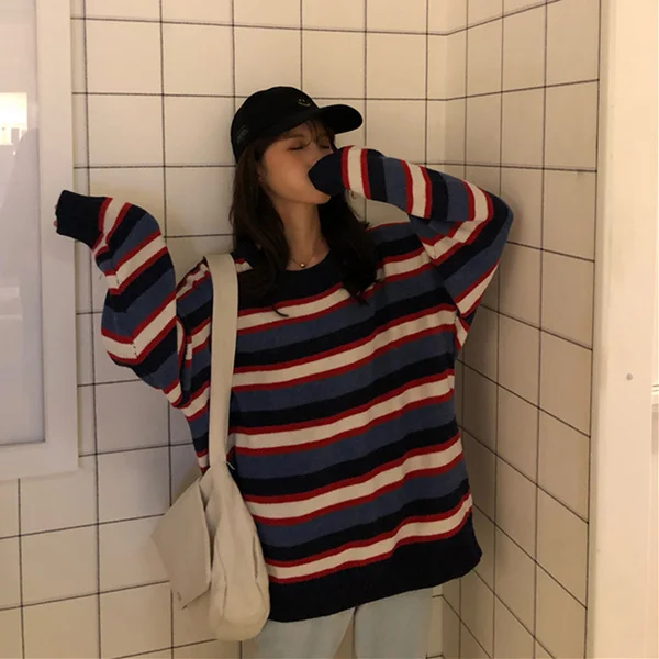 Lazy Wind Female Striped Sweater Coat Autumn Winter New Korean Version Ins Super Fire Loose Bf Contrast Color | Женская одежда