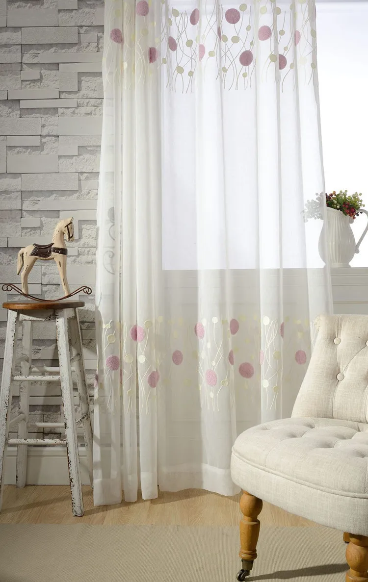 Modern 3D Round Embroidered Pink Curtain For Kid Girls Bedroom Soft Fabric White Sheer Voile Curtain Living Room Tulle FQ021D3