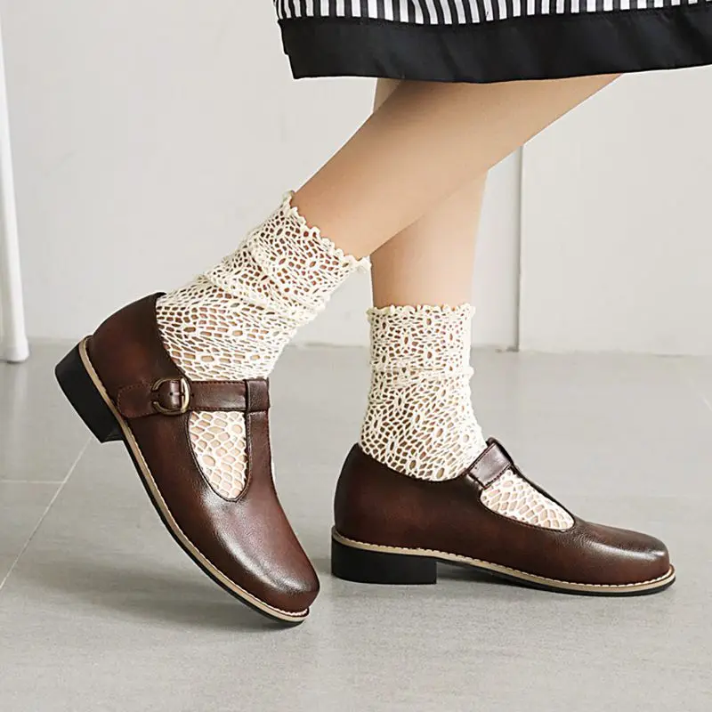 

COOLULU Women's T Strap Pump Shoes Shallow Low Square Heel Pumps Women Shoes Ladies Brown Pumps School Uniform Shoes Size 33-48