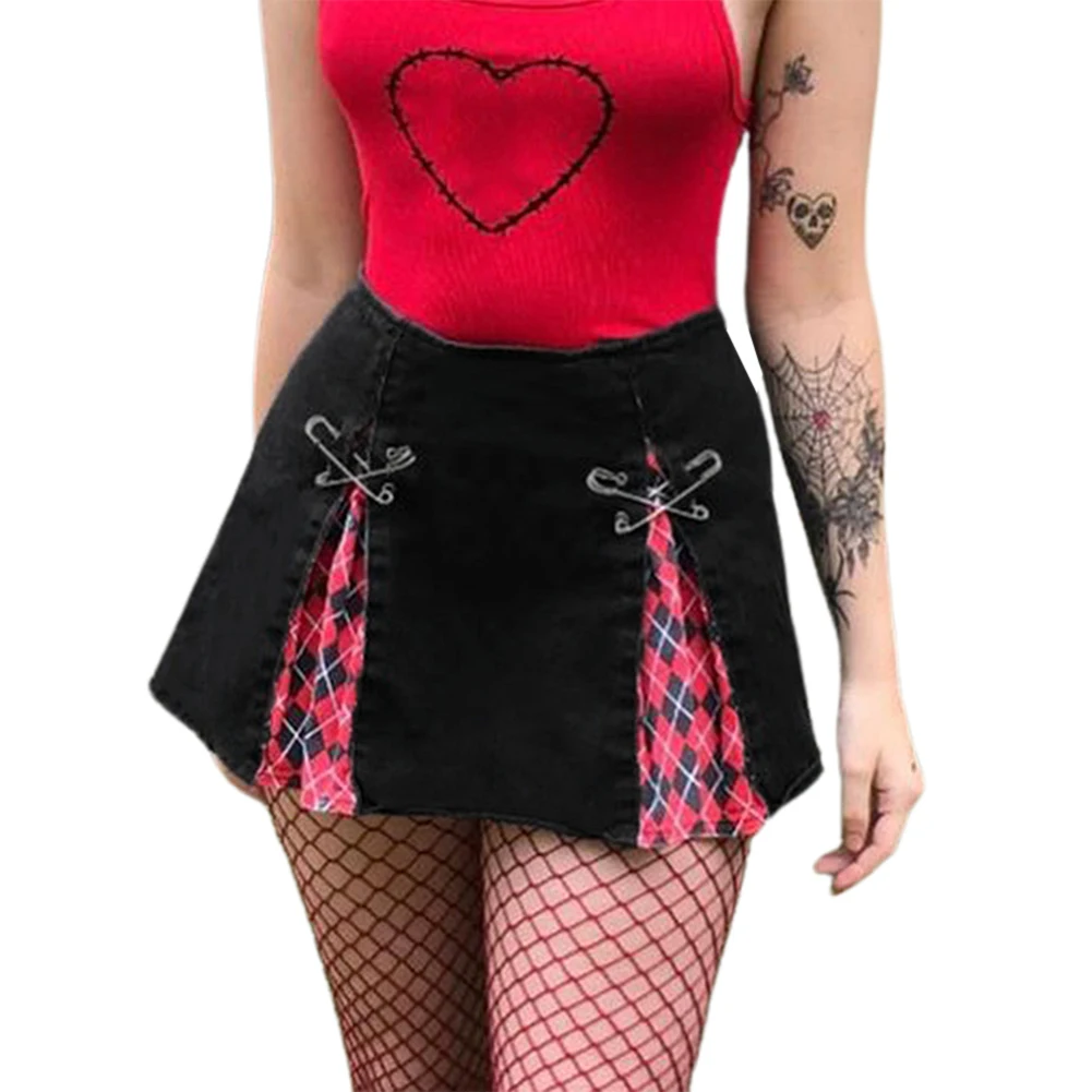 High Waist Pin Mini Skirt Split Women Sexy Gothic Skirts Stitching Color A-Line Plaid Printed Clubwear Party Casual Skirt