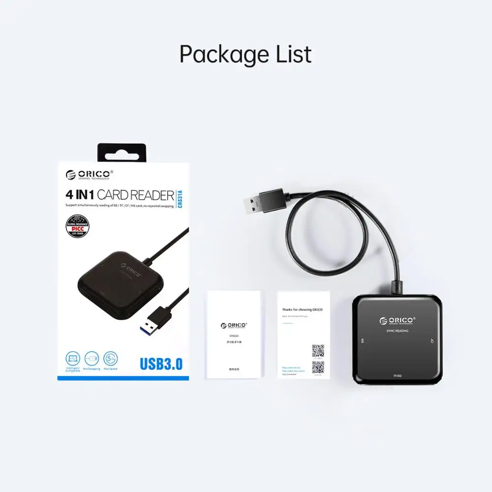 ORICO 4 in 1 USB 3.0 Card Reader Flash Multi Memory for TF SD MS CF Laptop OTG to Read |